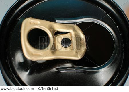 Macro Photo Above View Of The Lid Of A Can Of Fizzy Drink Open With The Help Of A Ring-opener, Copys