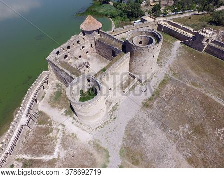 View of the Akkerman fortress from the drone which is on the bank of the Dniester estuary, in Odessa region