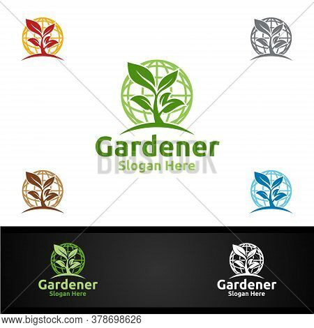 Global Gardener Logo With Green Garden Environment Or Botanical Agriculture