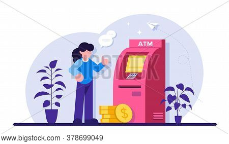 Atm Machine Concept. Man Perform Financial Transactions Using Atm. People Are Waiting Near Atm Machi