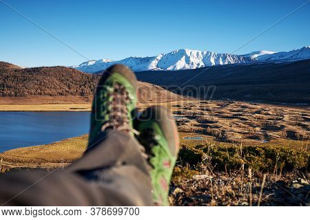 Feet Hiker Relaxing Enjoying View Entrance Outdoor. Travel Lifestyle Concept Adventure Vacations Out