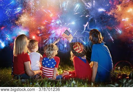 American Family Celebrating Independence Day. Picnic And Fireworks On 4th Of July In America. Usa Fl