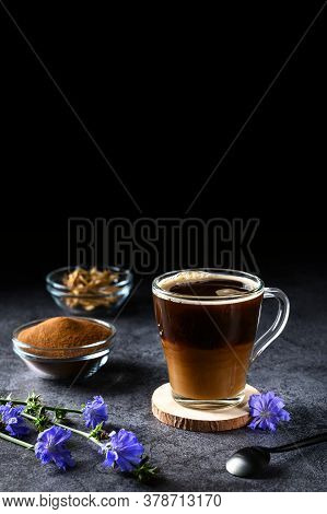 Alternative To Coffee. Healthy Drink Chicory. Chicory Coffee In A Glass Cup On A Dark Background. Co
