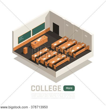 Empty College Lecture Hall With Wooden Desks Table And Two Green Boards 3d Isometric Vector Illustra