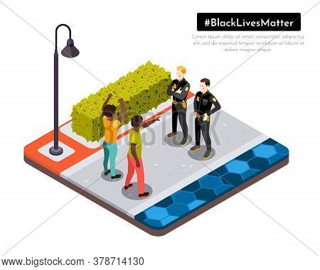 Black Lives Matter Movement Racial Injustice Street Protesters Confront Police Isometric Background 