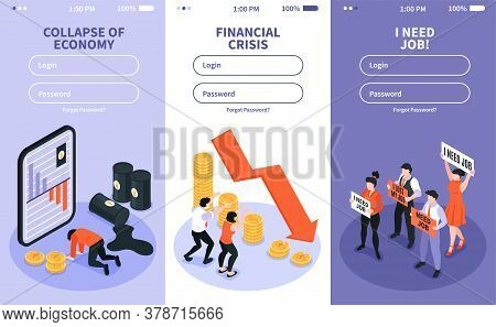 Isometric Financial Crisis Set Of Three Vertical Banners With Website Fields For Entering Username A