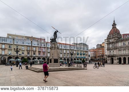 Corunna, Spain - July 20, 2020: View Of Maria Pita Square. Corunna Is Famous Touristic City Of Galic