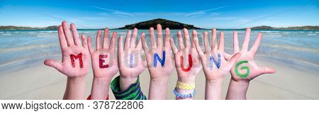 Children Hands Building Word Meinung Means Opinion, Ocean Background