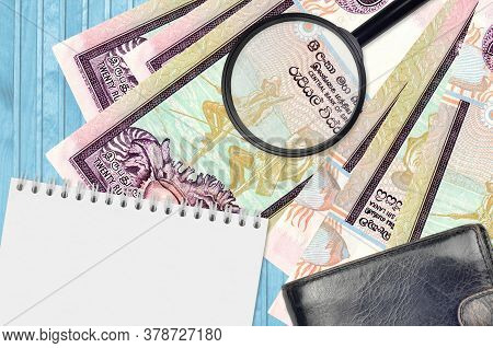 20 Sri Lankan Rupees Bills And Magnifying Glass With Black Purse And Notepad. Concept Of Counterfeit