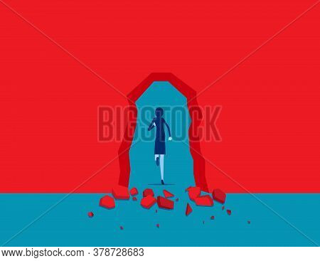 Breaking Through Red Wall. Break Through Obstacles. Flat Cartoon Vector Illustration