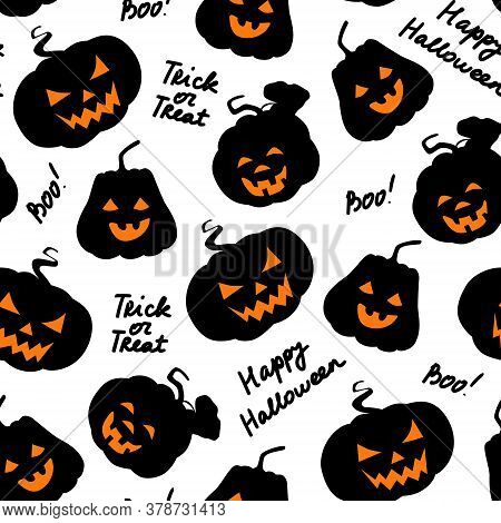 Halloween Seamless Pattern. Pumpkins Black Silhouette With Carved Scary Smiling Faces And Lettering.