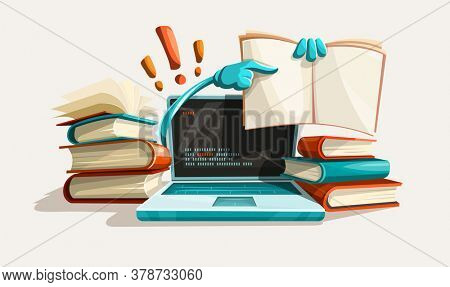 Modern computer technologies education help. Answers from manuals. Paper books library literature with solution tasks. Education and studying concept. Searching for answer. 3D illustration.