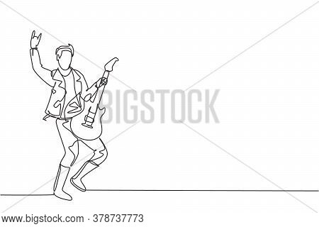 One Single Line Drawing Of Young Happy Male Guitarist Playing Electric Guitar On Music Festival Stag