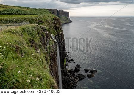 Mealt Falls At Isle Of Skye In Scotland, Great Britain In Cloudy Weather