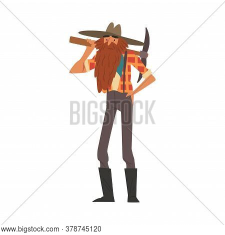 Male Prospector Standing With Pickaxe, Bearded Gold Miner Character Wearing Vintage Clothes Cartoon 