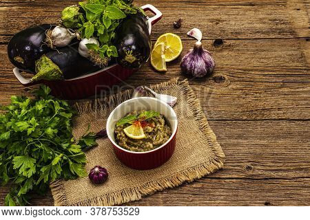 Eggplant Dip Baba Ganoush (mutabbal) Or Mezze With Ripe Vegetables And Fresh Herbs