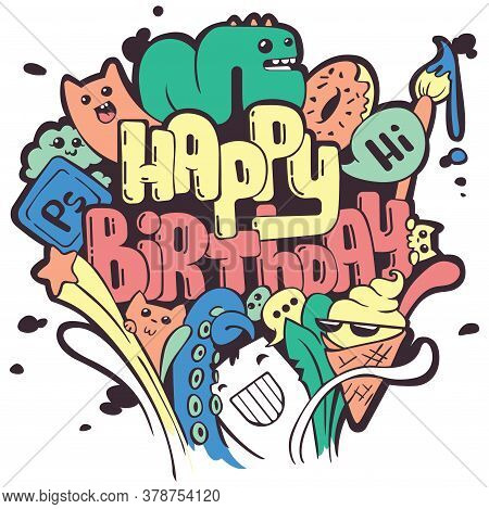 Happy Birthday Banner. Funny Doodles. Congratulation Card. Cute Colorful Banner With Monsters.