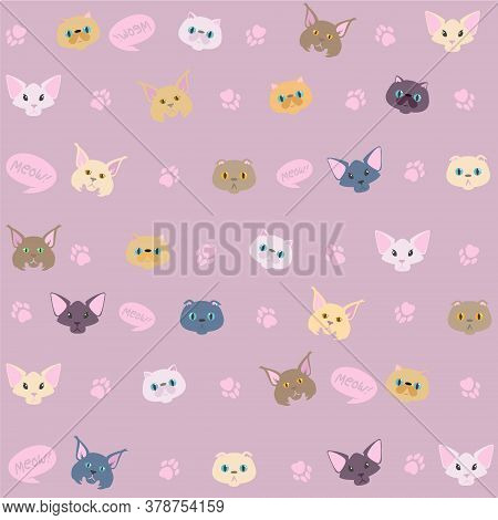 Cute Cats Pattern. Nice Vector Pattern With Cat Faces. Pink Background With Cat Pows. Different Cat 