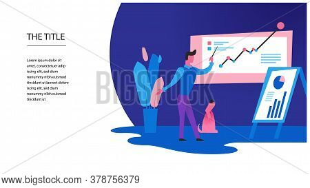 Colorful Business Illustration With Men And Dog. Banner With Success Grow. Infographics About Group 