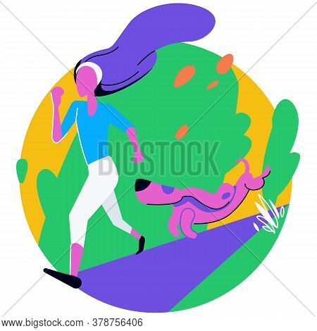 Girl Runs With A Dog. Woman Running. Training In The Fresh Air. Morning Running. The Sports Girl.