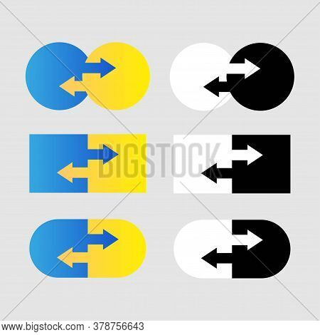 Data Transfer Logos Conceps Set. Two Transfer Arrows In Oval, Kube, Capsule. Black And White And Gra