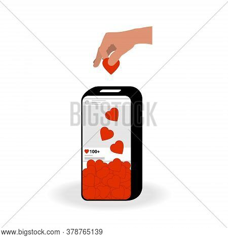The Phone In The Form Of A Piggy Bank Collects Likes. The Hand Puts The Heart Into The Money Box. Th