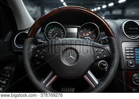 Novosibirsk/ Russia - July 18  2020: Mercedes Benz Gl-class,  Auto Interior: Steering Wheel With  Lo
