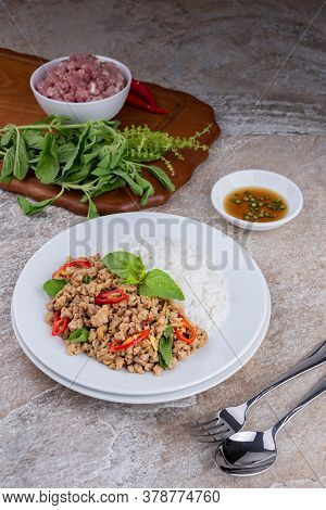 Rice Topped With Stir-fried Mince Pork And Basil , Thai Famous Street Food
