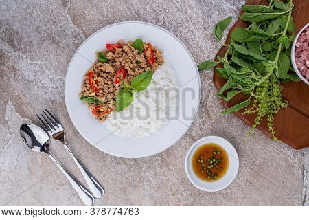Rice Topped With Stir-fried Mince Pork And Basil , Thai Famous Street Food