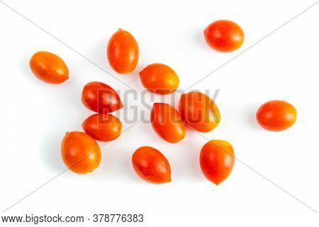 Cherry Tomatoes (solanum Lycopersicum L. Var. Cerasiforme). Top Viwe Isolated On White Background An