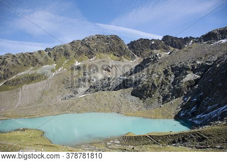 View Landscape Of Alps Mountain And Gepatsch Stausee Or Fedaia Lake For Italian People And Foreign T