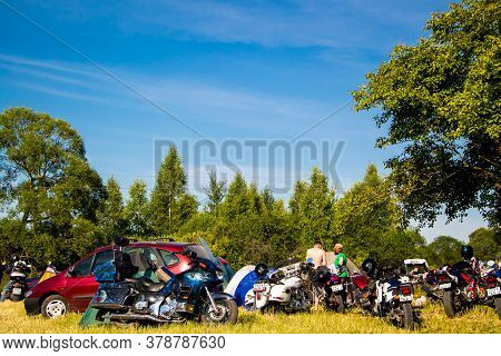 Senno, Belarus - 07.03.2015: Summer Open-air Motorcycle Festival, Motorcycles On A Sunset Background