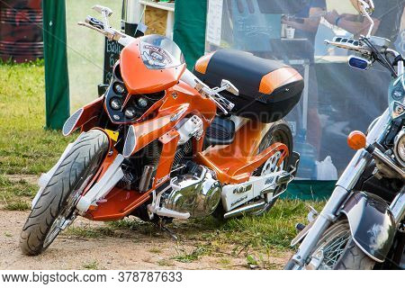 Senno, Belarus - 07.03.2015: Summer Open-air Motorcycle Festival, Motorcycles On A Sunset Background