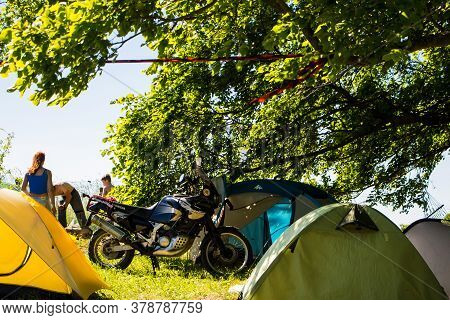 Senno, Belarus - 07.03.2015: Summer Open-air Motorcycle Festival, Motorcycles On A Sunset Background