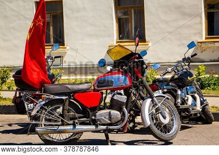Senno, Belarus - 07.03.2015: Summer Open-air Motorcycle Festival, Motorcycles On A Sunset Background