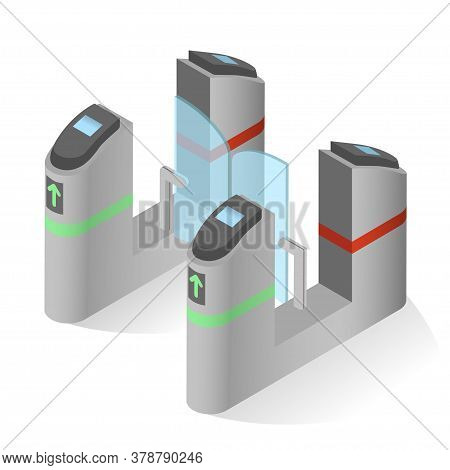 Turnstile, Buffle Or Automated Gate. One-way Human Traffic Isometric Realistic Illustration.
