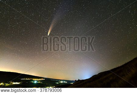 Summer Night In Mountains With Starry Dark Blue Cloudy Sky And C/2020 F3 (neowise) Comet With Light 