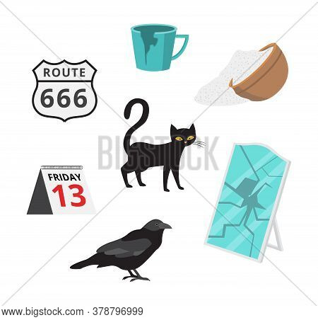 Superstitious Beliefs Signs Of Bad Fortune Flat Vector Illustration Isolated.