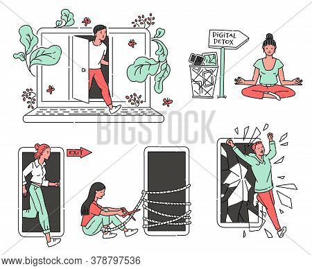 People With Phone And Internet Addiction, Sketch Vector Illustration Isolated.