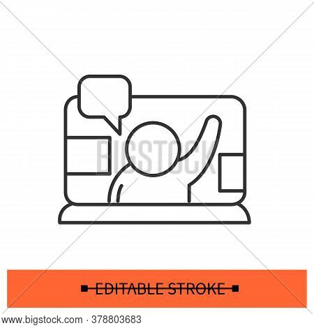 Online Protest Icon. Social Activist On Laptop Computer Screen Linear Pictogram. Concept Of Internat