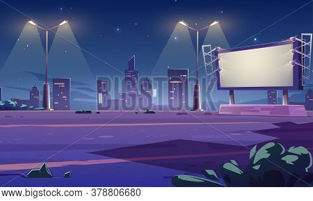 Blank Large Billboard On Street In Town At Night. Vector Cartoon Cityscape With Empty Road, Street L