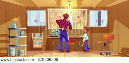 Carpenter And His Son Do Craft Or Repair On Workbench In Garage. Vector Cartoon Illustration Of Work