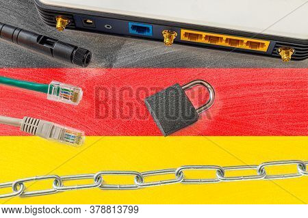 Germany Internet Censorship And Security Concept. Flag In The Background Of The Internet Connection 