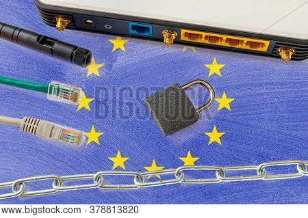 European Union (eu) Internet Censorship And Security Concept. Flag In The Background Of The Internet
