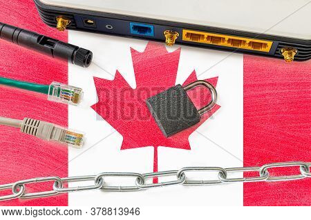 Canada Internet Censorship And Security Concept. Flag In The Background Of The Internet Connection S