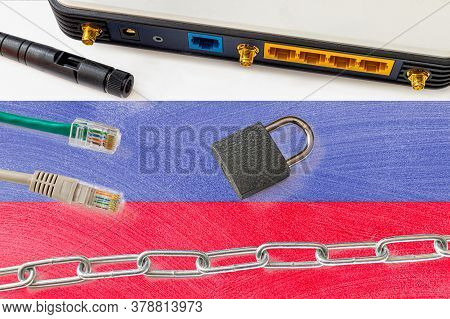Russia Internet Censorship And Security Concept. Flag In The Background Of The Internet Connection S
