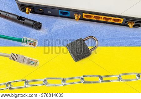 Ukraine Internet Censorship And Security Concept. Flag In The Background Of The Internet Connection 
