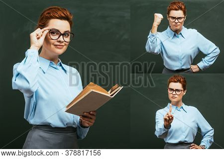 Collage Of Smiling Teacher With Book, Strick And Angry Teacher Showing Clenched Fist And Forbidding 