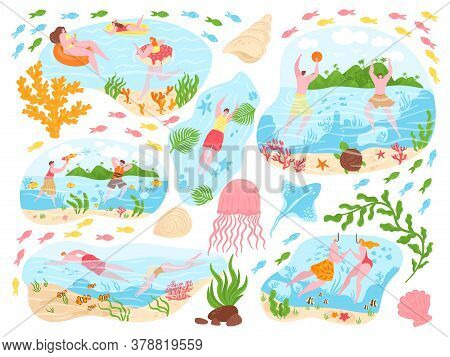 People Swim, Summer Activity Vector Illustration Set. Cartoon Flat Active Happy Man Woman Characters