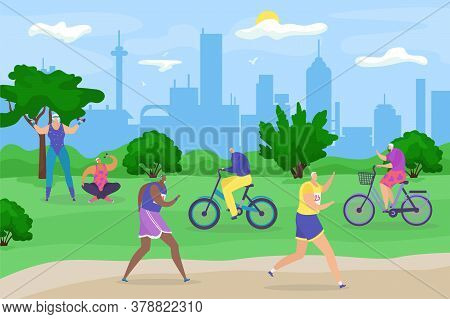 Eldery Senior People In Park, Active Lifestyle For Old Retired, Jogging, Bicycling And Doing Exercis